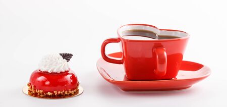 romantic Valentines Day Breakfast , , black coffee with sweet candy on a wooden backgroundの写真素材