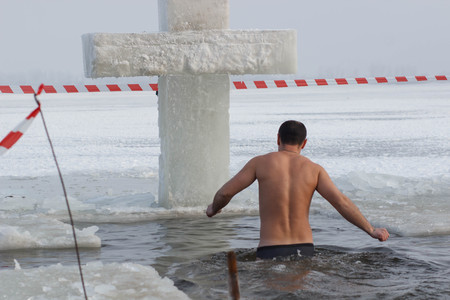 swimming in the baptism in the Epiphany frosts. Ice water.の写真素材