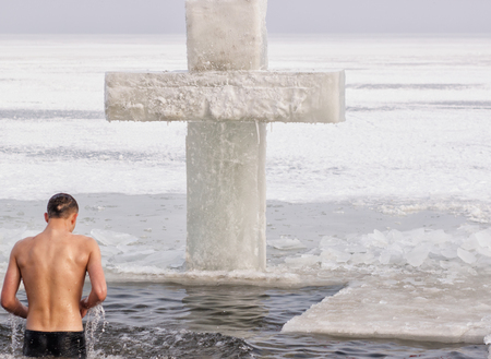 swimming in the baptism in the Epiphany frosts. Ice water.の写真素材