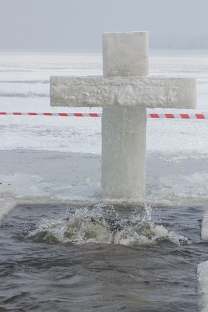 swimming in the baptism in the Epiphany frosts. Ice water.の写真素材