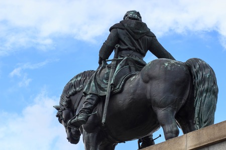 National memorial on Vitkov hill, Zizkov, Prague, Czech Republic / Czechia - Equestrian statue of Jan Zizka, legend and famous hero. Bronze sculpture of rider and horse on pedestalの写真素材