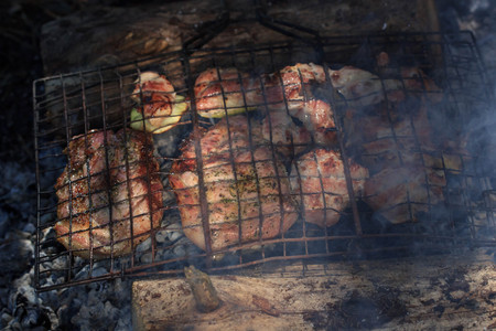 flavorful meat on the grill with smoke in forest