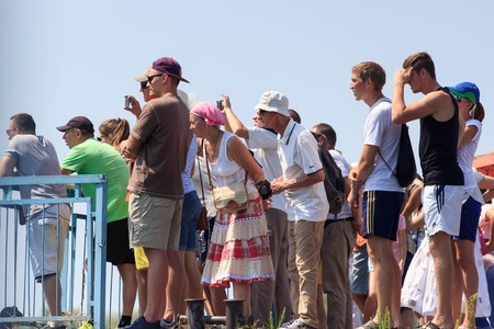 PEREYASLAV, UKRAINE- AUGUST 5, 2017: Boat in sailing regatta Cup of Pereyaslav on a bright sunny dayのeditorial素材