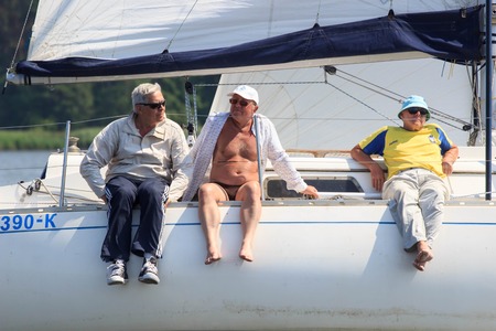 PEREYASLAV, UKRAINE- AUGUST 5, 2017: Boat in sailing regatta Cup of Pereyaslav on a bright sunny dayのeditorial素材