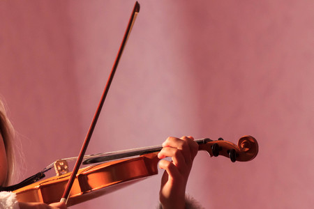 Hand on the strings of a violin.の写真素材