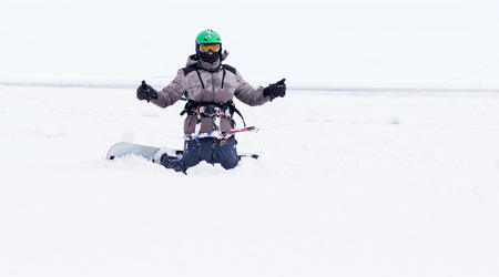 CHERKASSY, UKRAINE - January 29, 2017Snowboarder with kite on free ride. Sheregesh resort, Cherkassy, Ukraineのeditorial素材