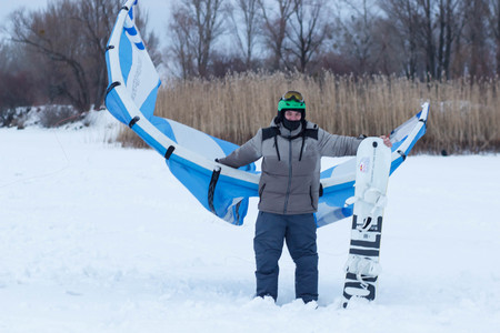 CHERKASSY, UKRAINE - January 29, 2017Snowboarder with kite on free ride. Sheregesh resort, Cherkassy, Ukraineのeditorial素材