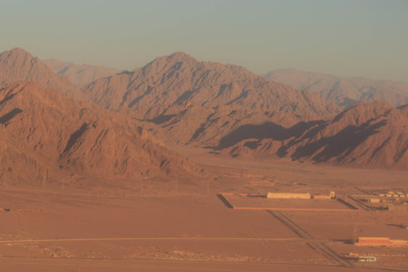 Spectacular aerial view of the holy summit of Mount Sinai, Aka Jebel Musa, 2285 meters, at sunrise, Sinai Peninsula in Egyptの写真素材