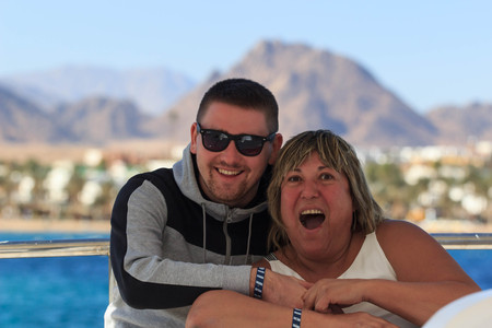 Sharm El Sheikh, Egypt - January 23, 2018: Happy people sailing in the boat at the luxurious resort in Egypt on red seaのeditorial素材