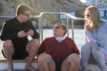 Sharm El Sheikh, Egypt - January 23, 2018: Happy people sailing in the boat at the luxurious resort in Egypt on red seaのeditorial素材