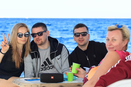 Sharm El Sheikh, Egypt - January 23, 2018: Happy people sailing in the boat at the luxurious resort in Egypt on red seaのeditorial素材