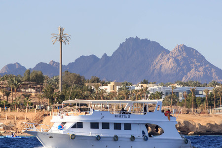 Sharm El Sheikh, Egypt - January 23, 2018: Happy people sailing in the boat at the luxurious resort in Egypt on red seaのeditorial素材
