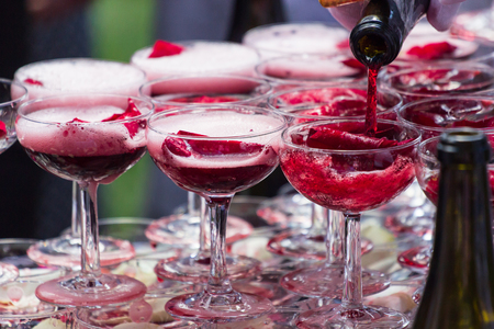 Pyramid of pink champagne. Bright emotions of your holiday. Studio Barの写真素材