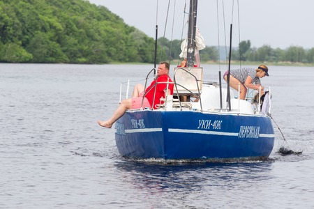 Cherkassy. Ukraine. May 9, 2018. Beautiful racing yacht in the river Dnepr.のeditorial素材