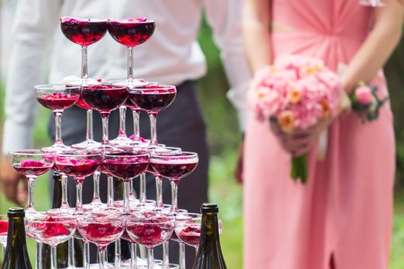 A pyramid of champagne glasses with a rose petals.の写真素材