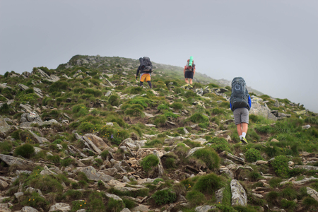 hikers walking in the mountains. goal, success, freedom and achievement concept.の写真素材