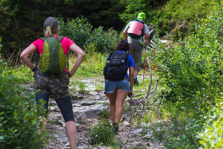 Group of hikers walking in mountainsの写真素材