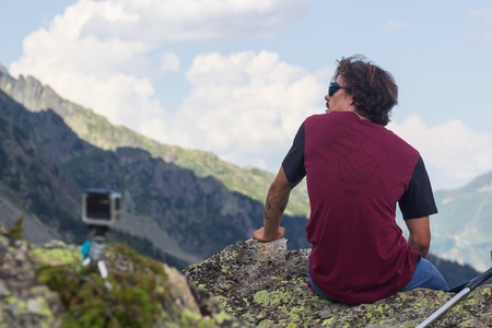 Chamonix, France - august , 8, 2018: Group of hikers walks on trail in mountain Berventのeditorial素材
