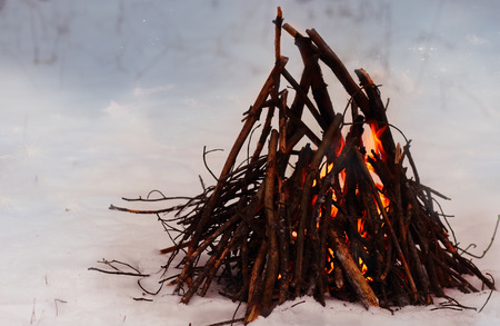 Fire burns in the snow in the woods, on a background of snow covered.の写真素材