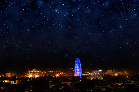 Barcelona Skyline at night in Catalonia, Spainの写真素材