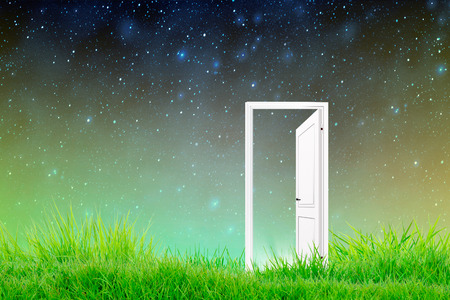 Door to new world. Open white door on grass.の写真素材