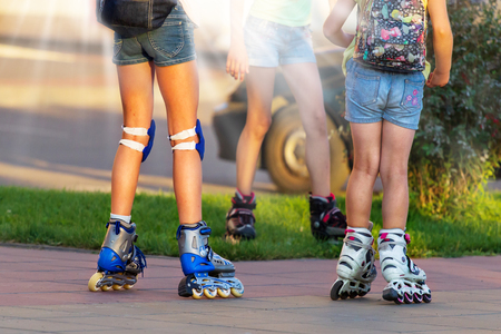 Banner of Young man riding roller skates in the city. Close up legs.の写真素材