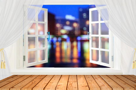 Open window with a view of the starry skyの写真素材