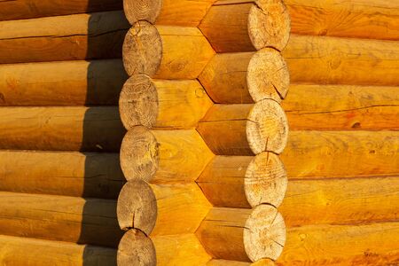 Construction of the wooden house from round logs. Blockhouse logs close up.の写真素材