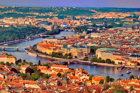 Painted oil picture Prague city. Art old town Europeの写真素材
