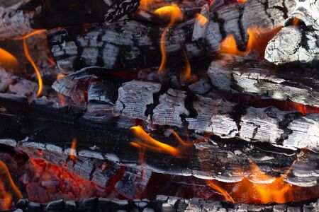 Fire woods and hot coal in a grill. fireplace