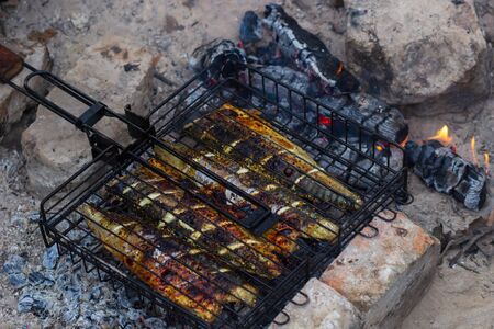 Grill fish fire mackerel food grilling flame, meal closeup. bonfireの写真素材