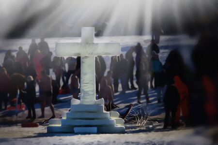 Cross the ice near the hole. In the ice, the cross is erected in the form of a cross. Before the bathing ceremony. Religious holiday of Epiphany. Ukraine.の写真素材