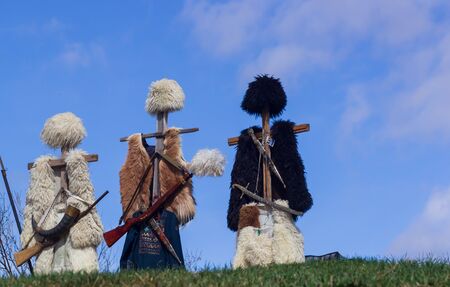 National clothes of Georgian shepherds burka and hat against mountains. Georgiaの写真素材