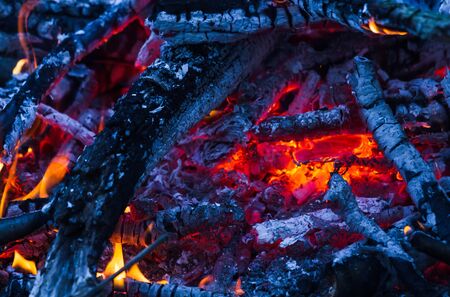 Closeup of hot burning wood, coals. Background