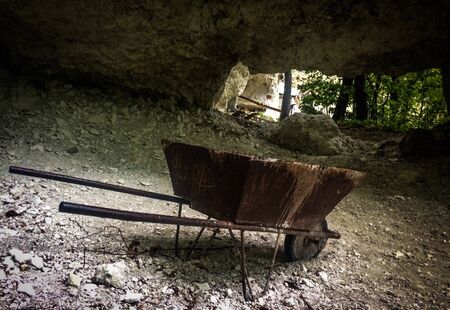Mining cart in silver, gold, copper mine. old ironの写真素材