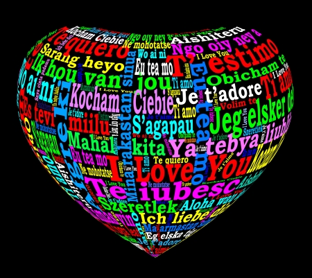 Multilingual bright colored I love you in a 3d heart shape with black backgroundのイラスト素材