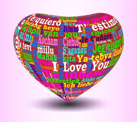 3D red heart with multicolored I love you in many languages on a pink gradient backgroundのイラスト素材