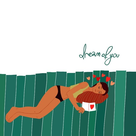 Young girl sleeping on a pillow with Valentine cardのイラスト素材