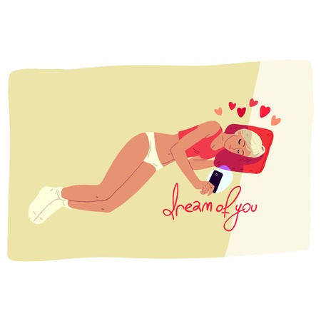Young girl sleeping on a pillow with phoneのイラスト素材
