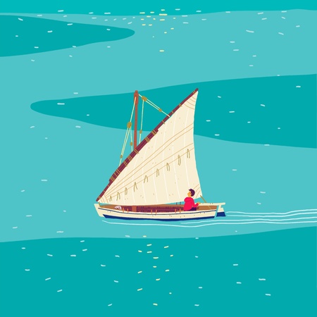 Fisherman sailboat in open seaのイラスト素材