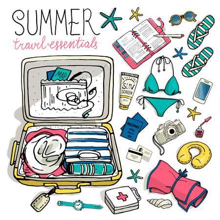 Summer travel essentials. Vector illustration of holiday vacation woman luggage. Vector hand-drown objects sketch. Black and white.のイラスト素材