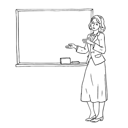 Vector illustration of teacher presentation with blackboard. Doodle sketch of women standing in classroom isolated on white backgroundのイラスト素材