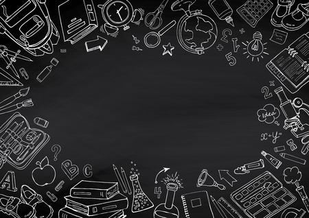 Back to school  doodles blackboard background. Education sketchy with school supplies.のイラスト素材