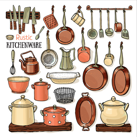 Many pans hanging in a rustic kitchen. sketchy collection with pots, frying-pans, knifes, teapot isolated on white backgroundのイラスト素材