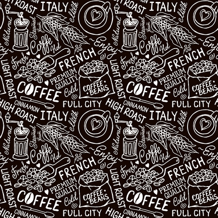 Seamless vector black and white pattern with coffee beans, bag of coffee, coffee mill, cups, lettering. Hand-drown vintage background.のイラスト素材