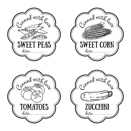 Set of vector labels with hand drawn vegetable. Black and white templates for design can be used as sticker on canned jar, farmers market, organic food store. Sweet peas, corn, tomatoes, zucchiniのイラスト素材