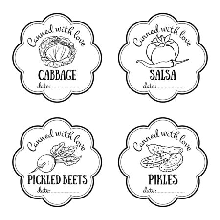 Set of vector labels with hand drawn vegetable. Black and white templates for design can be used as sticker on jar, farmers market, organic food store. Cabbage, tomato, cilli, beet, pikles, salsaのイラスト素材