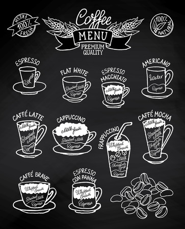 Black and white sketchy infographic with coffee types and their preparation on blackboard. Can use for cafe menu, brochure, fliersのイラスト素材