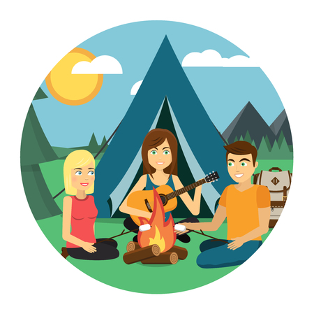 Camping with tent, bonfire, guitar, backpack, mountains, sun, forest flat design iconのイラスト素材
