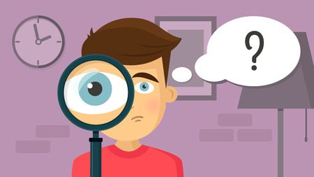 Boy with magnifying glass and thought bubble with question mark vector graphic flat design illustration.のイラスト素材